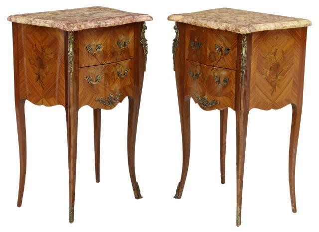 Appraisal: pair French Louis XV style marble-top nightstands th c mahogany