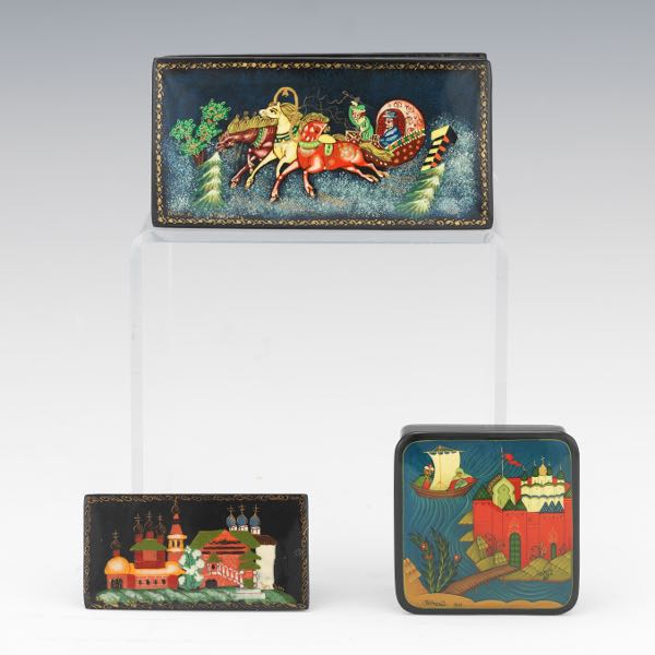 Appraisal: THREE RUSSIAN LACQUER BOXES One square x x small rectangular