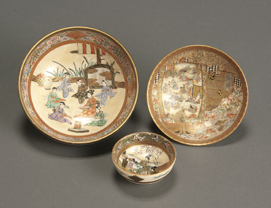 Appraisal: Japanese Earthenware Pictorial Bowl Footed Dish and a Sake Cup