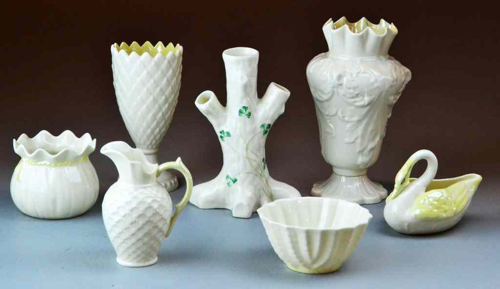 Appraisal: Pcs Belleek PorcelainTo include tree stump small pitcher three vases