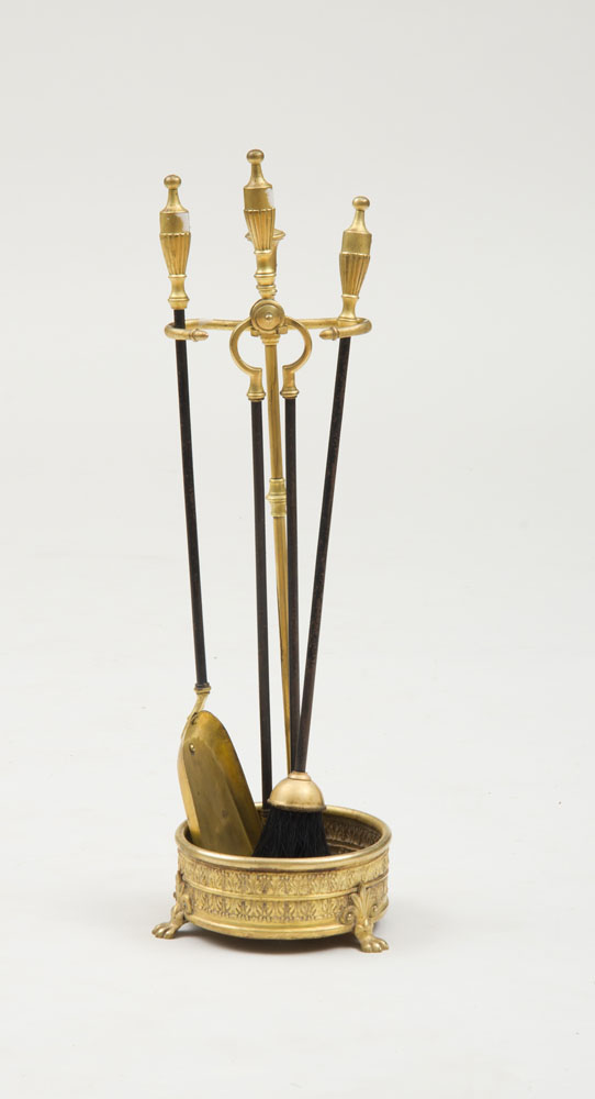 Appraisal: ENGLISH AESTHETIC MOVEMENT BRASS AND STEEL FIREPLACE TOOL STAND AND