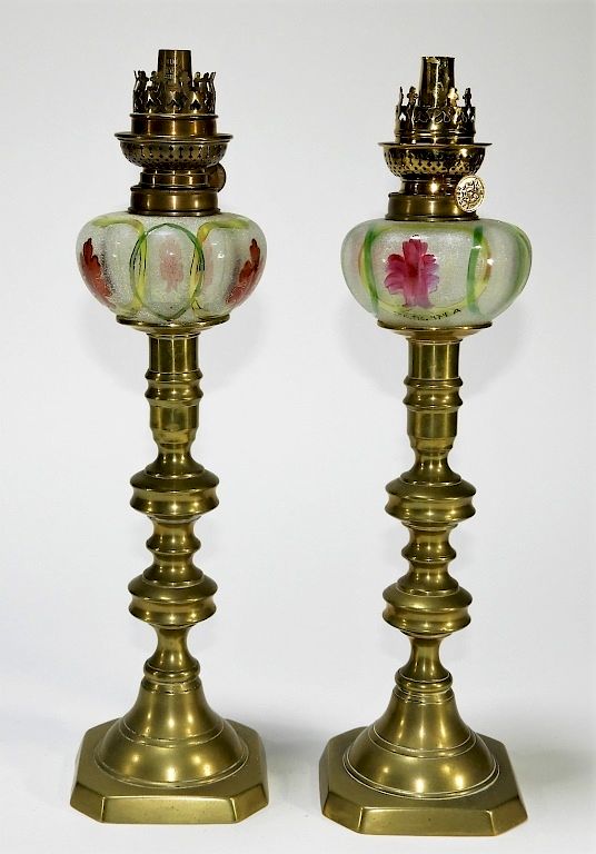 Appraisal: PR C American Brass Candlestick Glass Peg Lamps United States