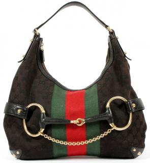 Appraisal: GUCCI BLACK LEATHER AND CANVAS HORSEBIT HOBO BAG GUCCI BLACK