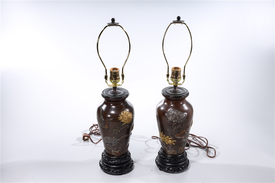 Appraisal: Pair of Japanese Meiji mixed-metal lamps floral and bird relief