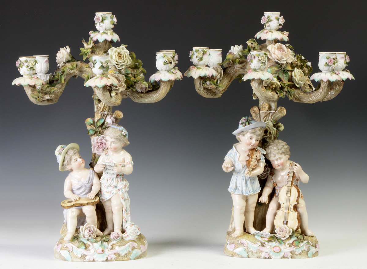 Appraisal: Pair of Figural Hand Painted Porcelain Candelabras th cent w