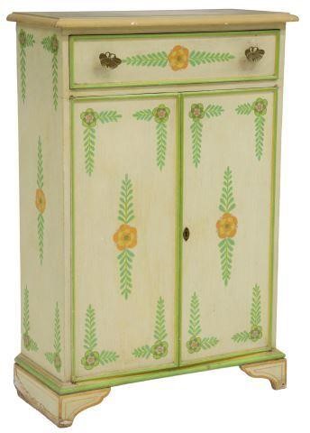 Appraisal: Vintage paint decorated wood cabinet th c single drawer with