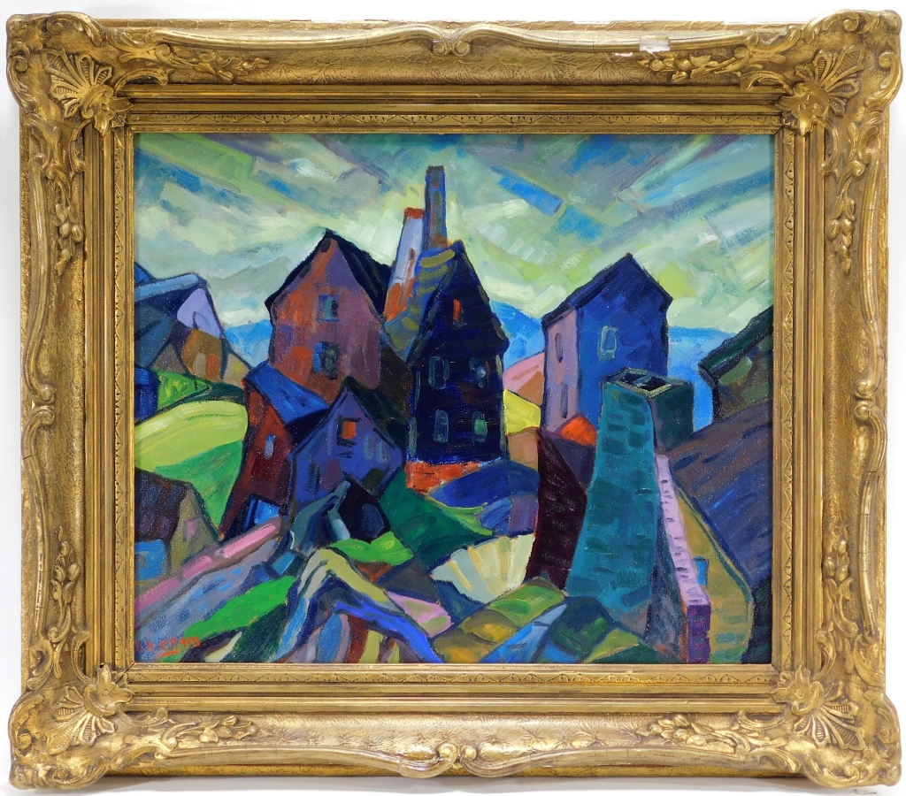 Appraisal: LEIGHTON R CRAM MODERNIST SKYLINE PAINTING Massachusetts - Abstracted depiction