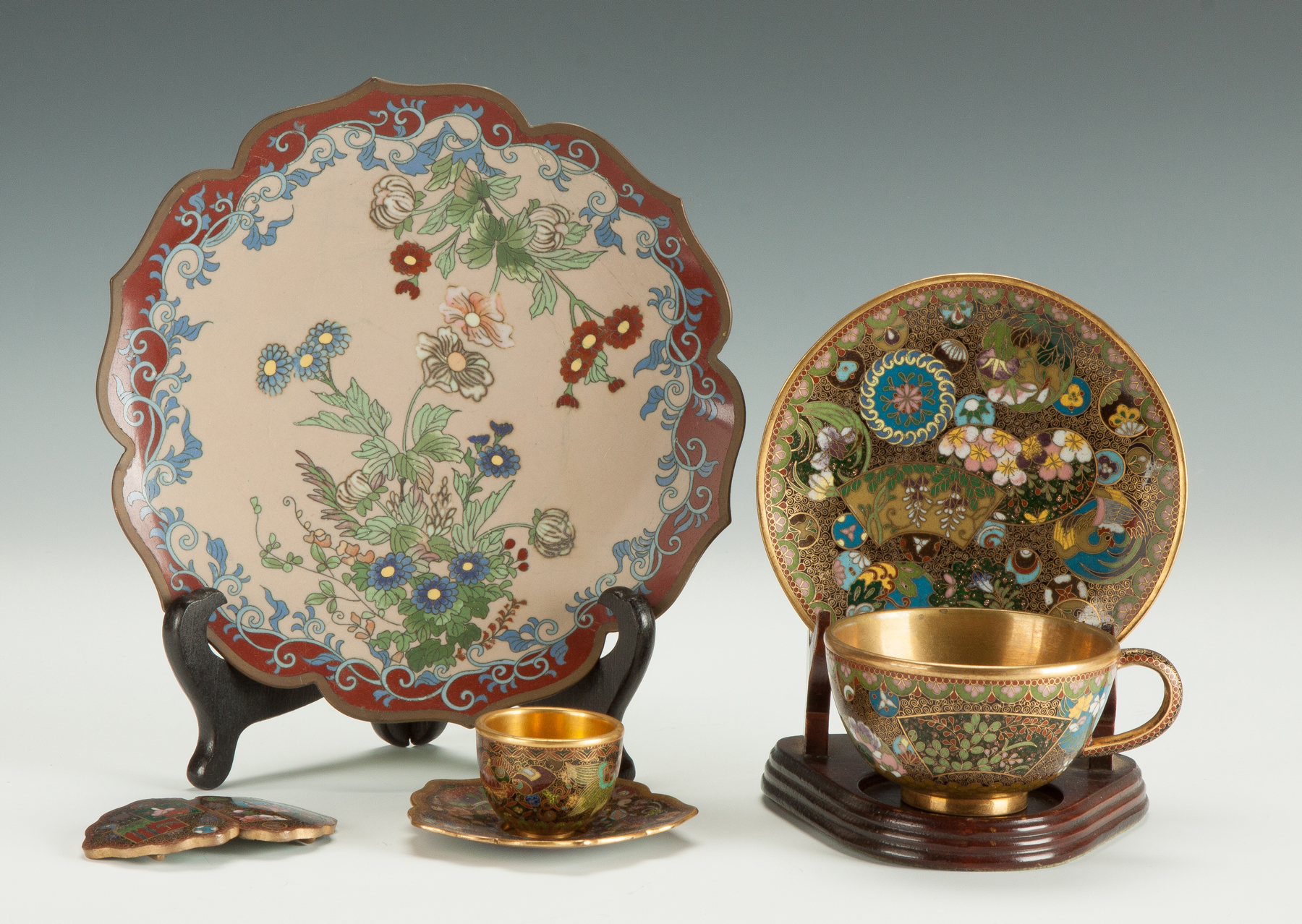 Appraisal: Japanese Cloisonn Items Early th cent Plate two cups saucers