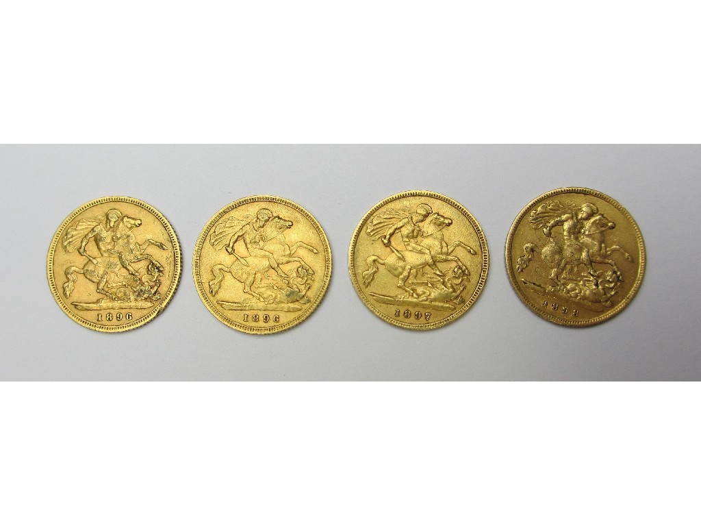 Appraisal: Four Victoria old head half sovereigns dated and two dated