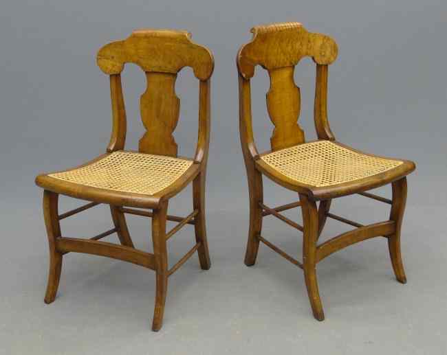 Appraisal: Pair th c tiger and birdseye maple cane seat chairs