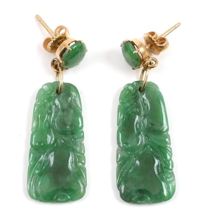 Appraisal: Delicate k gold mounted jade earrings about - long