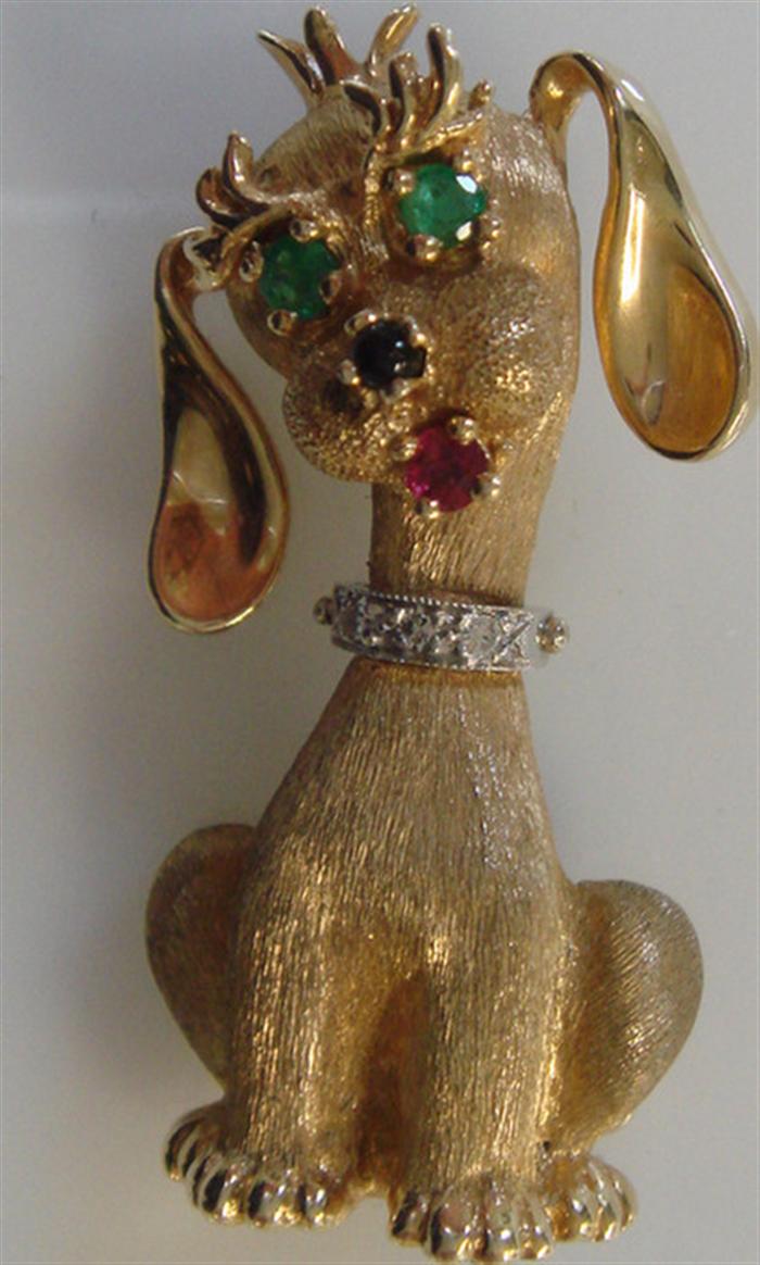 Appraisal: Heavy K Multi-Gemstone Doggie Pin with Diamond Collar Signed Dan