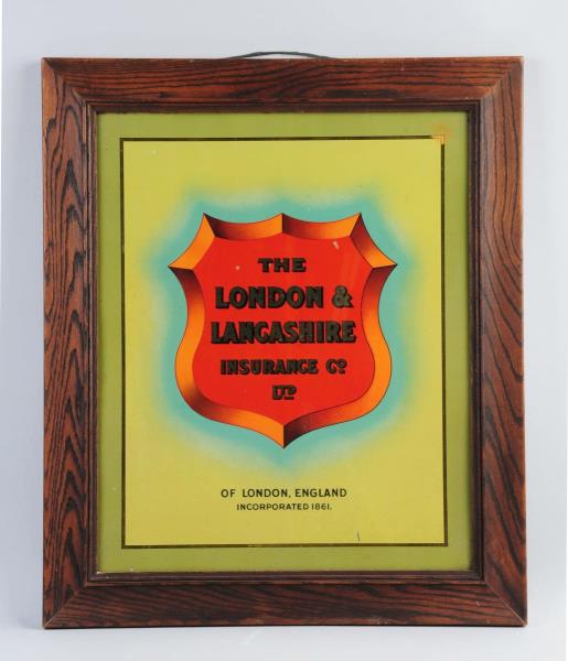 Appraisal: London Lancashire Insurance Glass Sign This reverse painting on glass