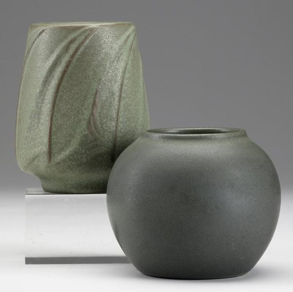 Appraisal: VAN BRIGGLETwo small matte green vases and - Both marked