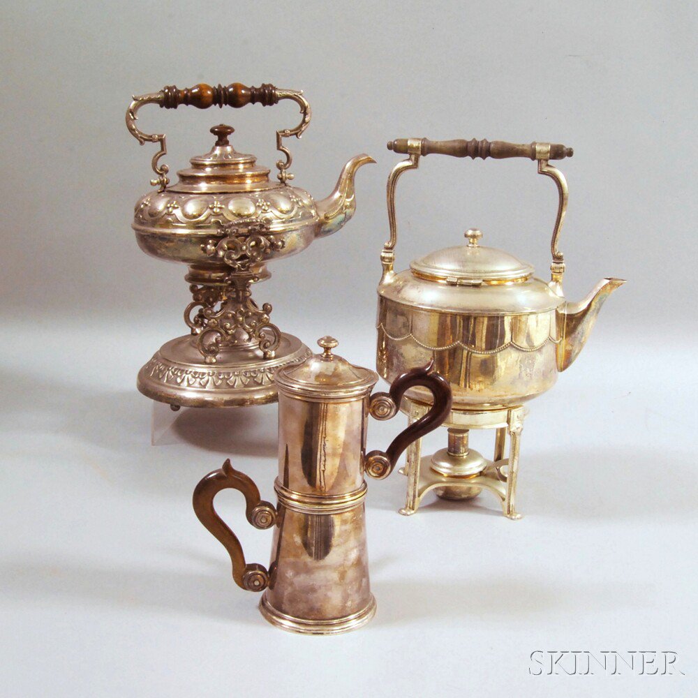 Appraisal: Silver-plated Christofle Coffeepot and Two Silver-plated Kettles with Stands the