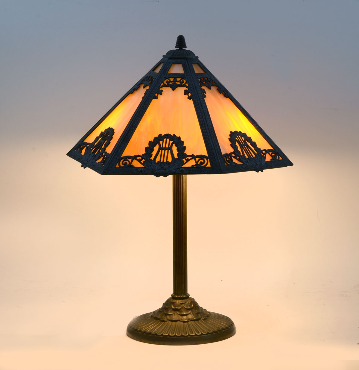 Appraisal: RAINAUD SLAG GLASS LAMP Caramel slag glass lamp having lights