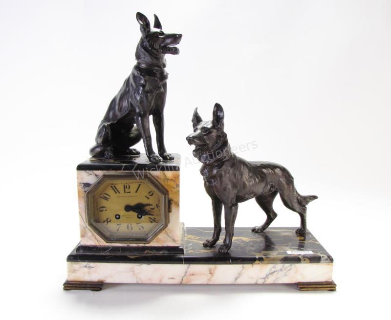 Appraisal: French Art Deco German Shepherd Clock depicting one standing and