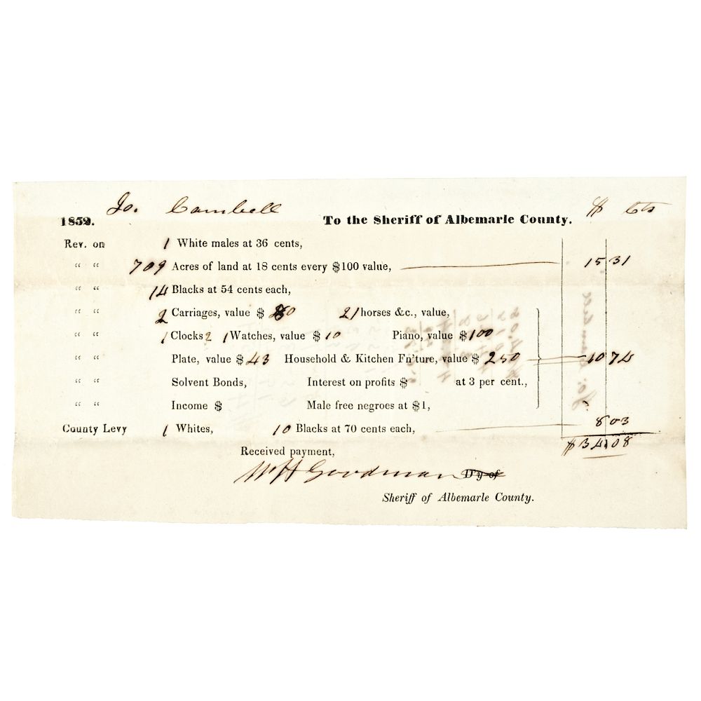 Appraisal: Virginia Tax Form For Blacks and Male FREE NEGROES Black