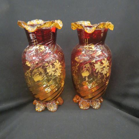 Appraisal: Pair of Amberina Art Glass Vases swirling design fancy applied