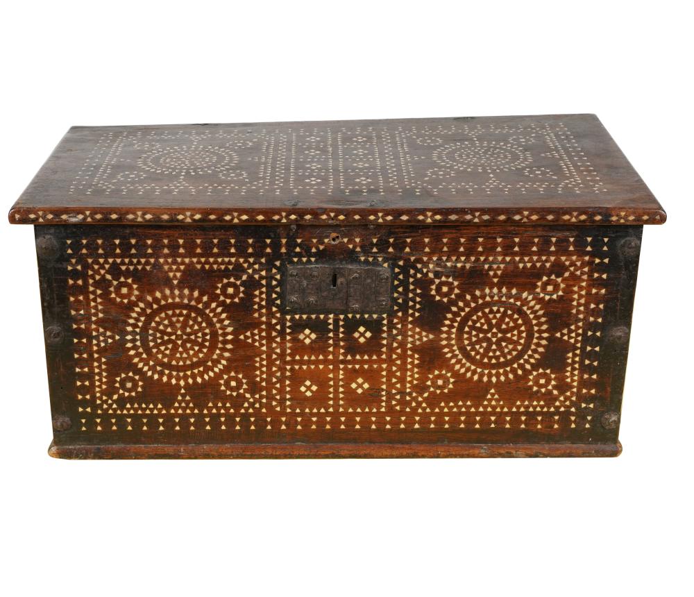 Appraisal: MOTHER-OF-PEARL INLAID WOOD BOXthe hinged lid concealing an unlined interior