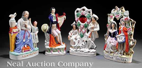 Appraisal: Four Staffordshire Polychrome Pottery Figural Groups c including Fortune Teller