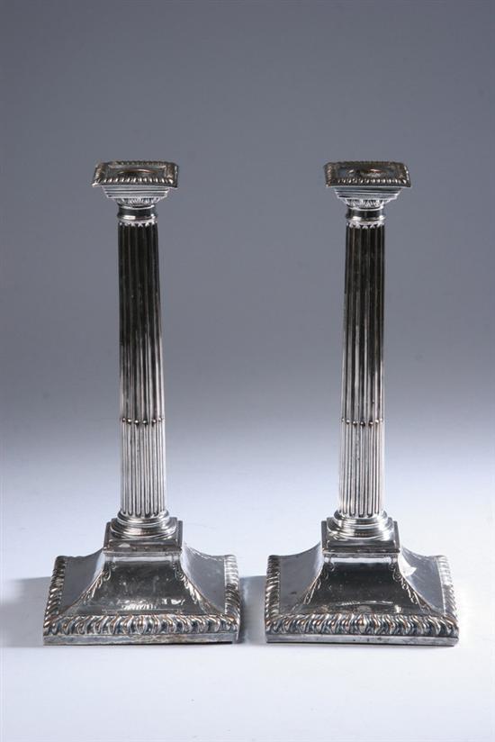 Appraisal: PAIR GEORGE IV SHEFFIELD PLATE COLUMNAR CANDLESTICKS circa With stop-fluted