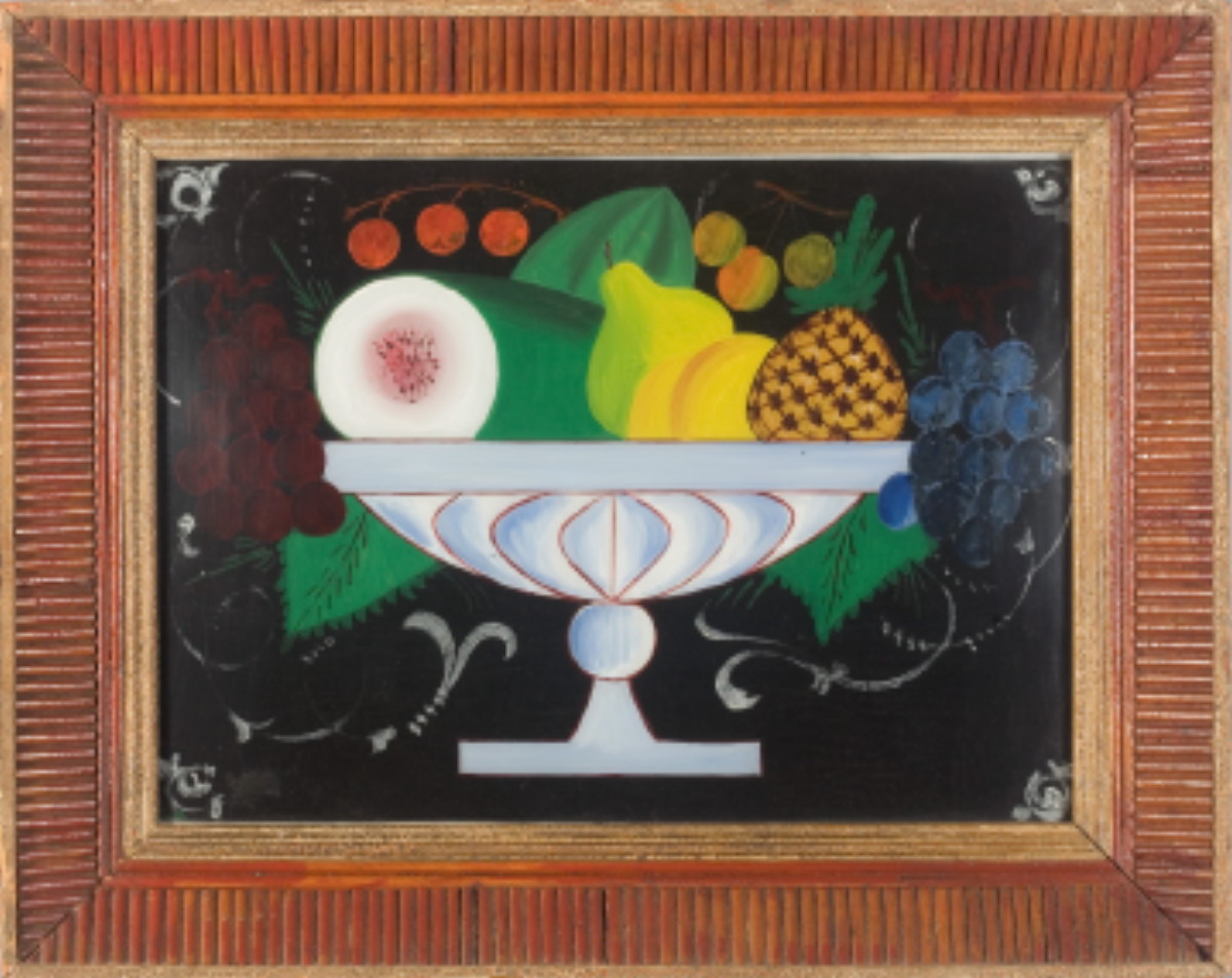 Appraisal: AMERICAN REVERSE-ON-GLASS PAINTING OF A BLUE COMPOTE WITH FRUIT MID-NINETEENTH