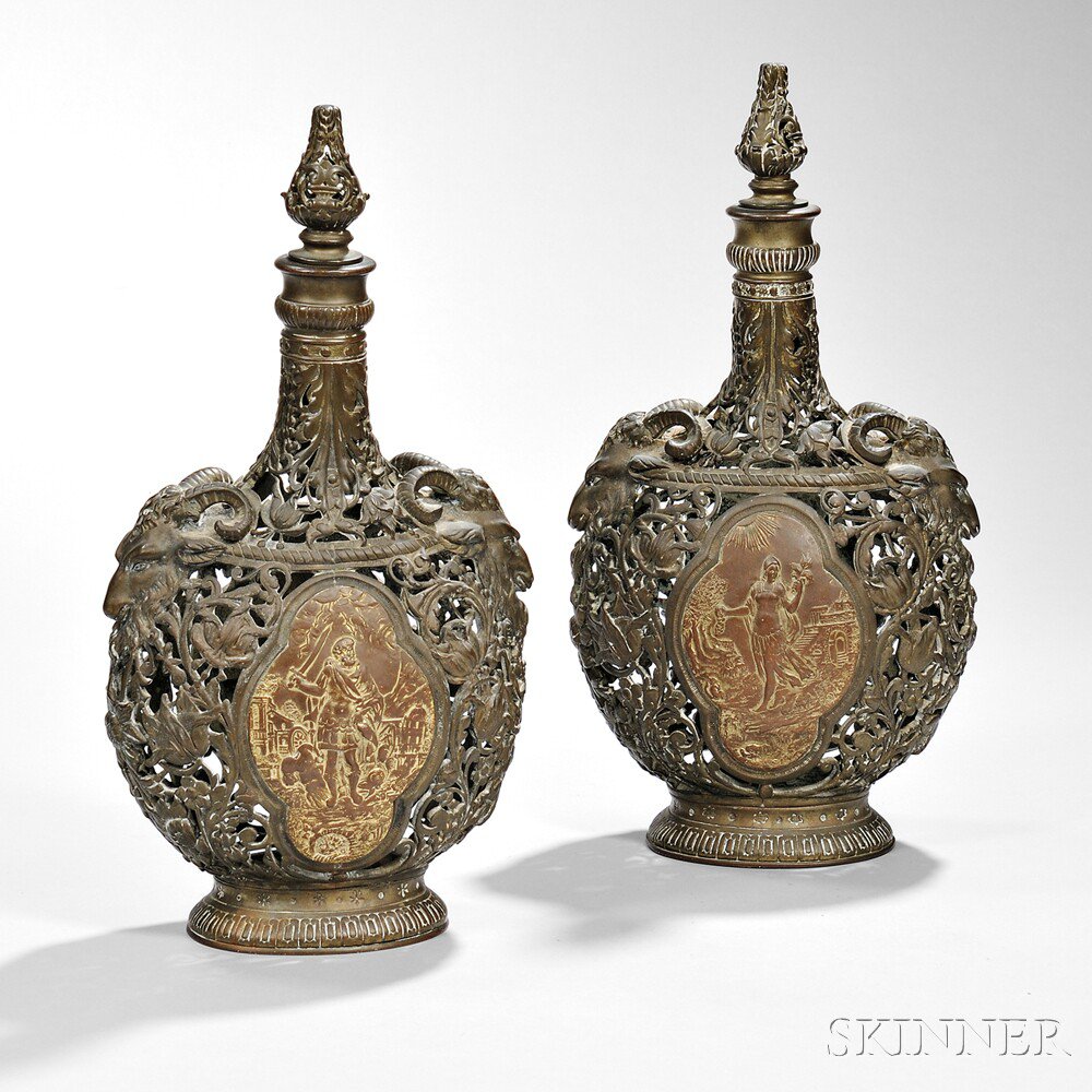 Appraisal: Pair of Bronze Reticulated Flasks Continental late th century each