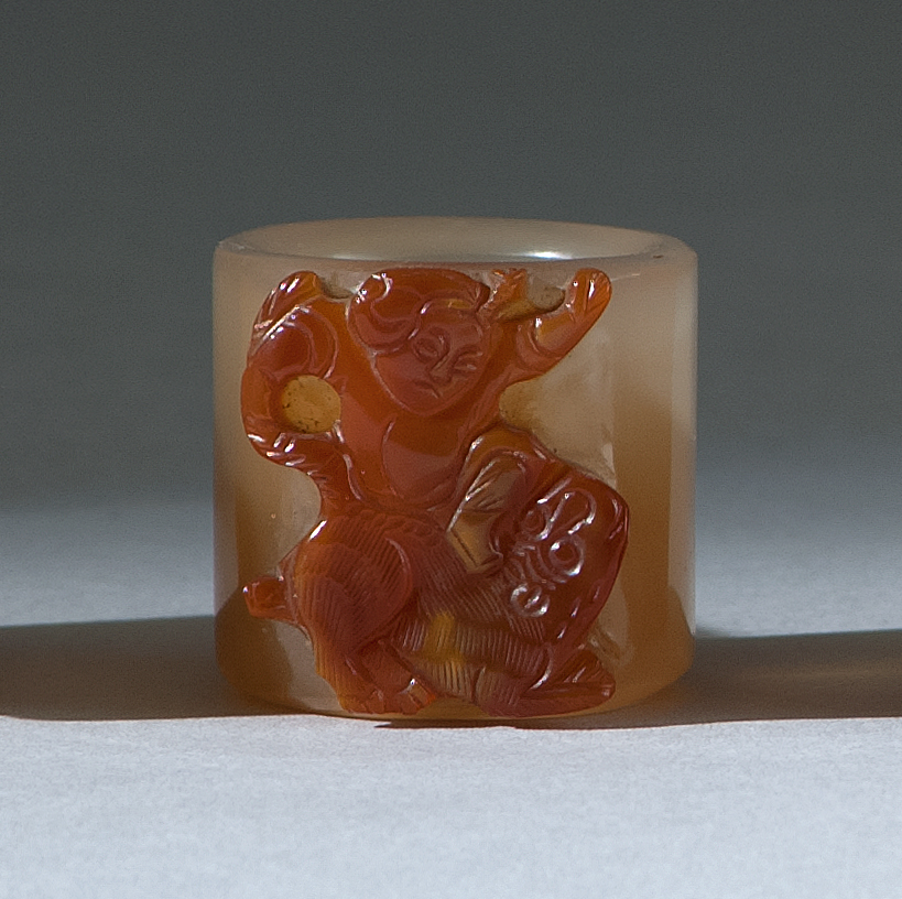 Appraisal: CHALCEDONY AGATE THUMB RING th CenturyWith red brown depiction of