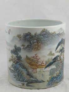 Appraisal: A Chinese ceramic brush pot decorated with traditional scenes cm