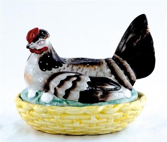 Appraisal: Staffordshire nesting hen covered dish painted figural top on basket-form