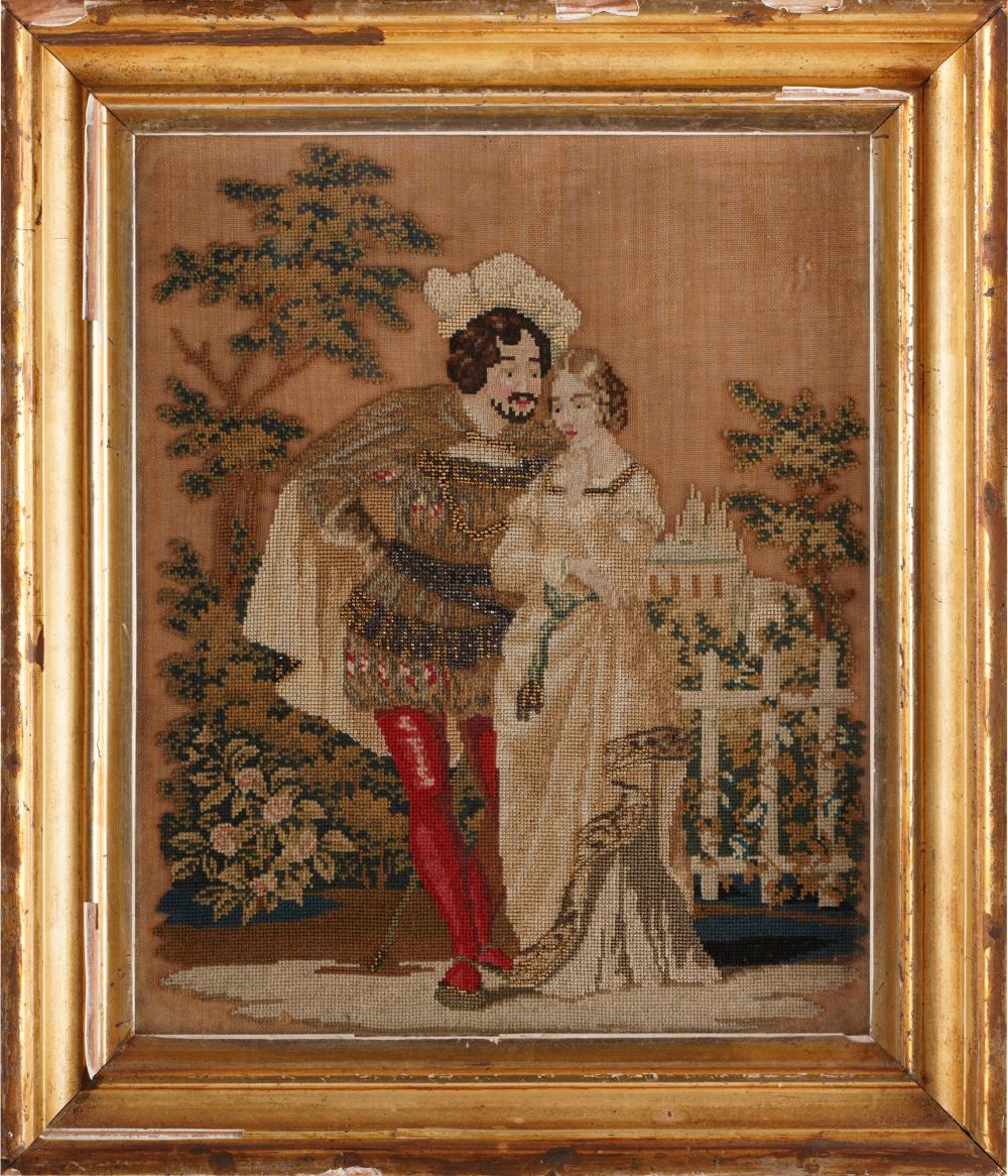 Appraisal: ANTIQUE EMBROIDERY PANELdepicting a courting couple in th century dress