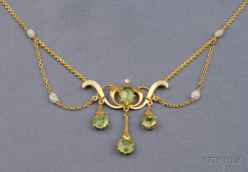 Appraisal: Art Nouveau kt Gold Peridot Freshwater Pearl and Diamond Lavaliere