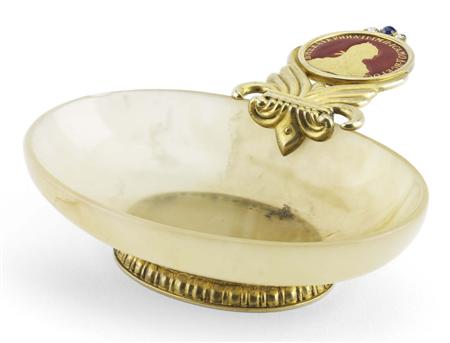 Appraisal: A Faberg silver-gilt and enamel-mounted gem set hardstone dish Moscow