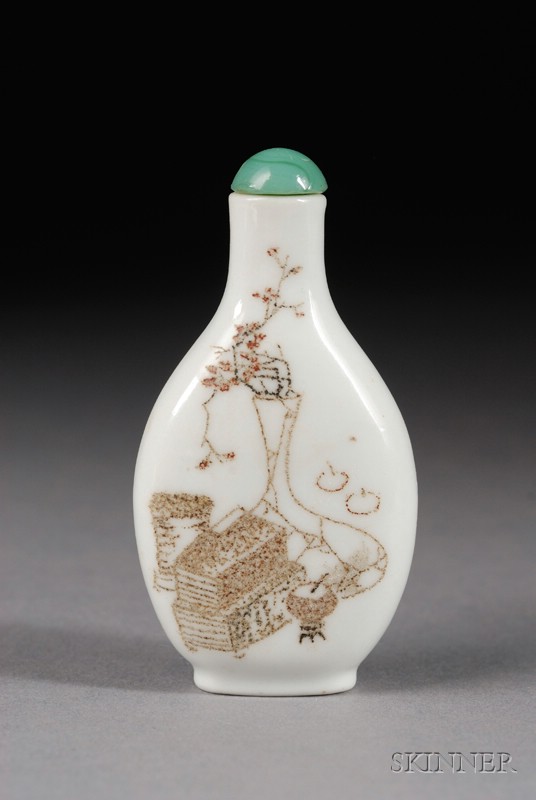 Appraisal: Porcelain Snuff Bottle th century surface engraved with a poem