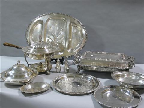 Appraisal: GROUP OF SILVER PLATED SERVING PIECES Comprising a circular chafing