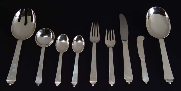 Appraisal: CASED -PIECE GEORGE JENSEN DENMARK STERLING FLATWARE SERVICE IN THE