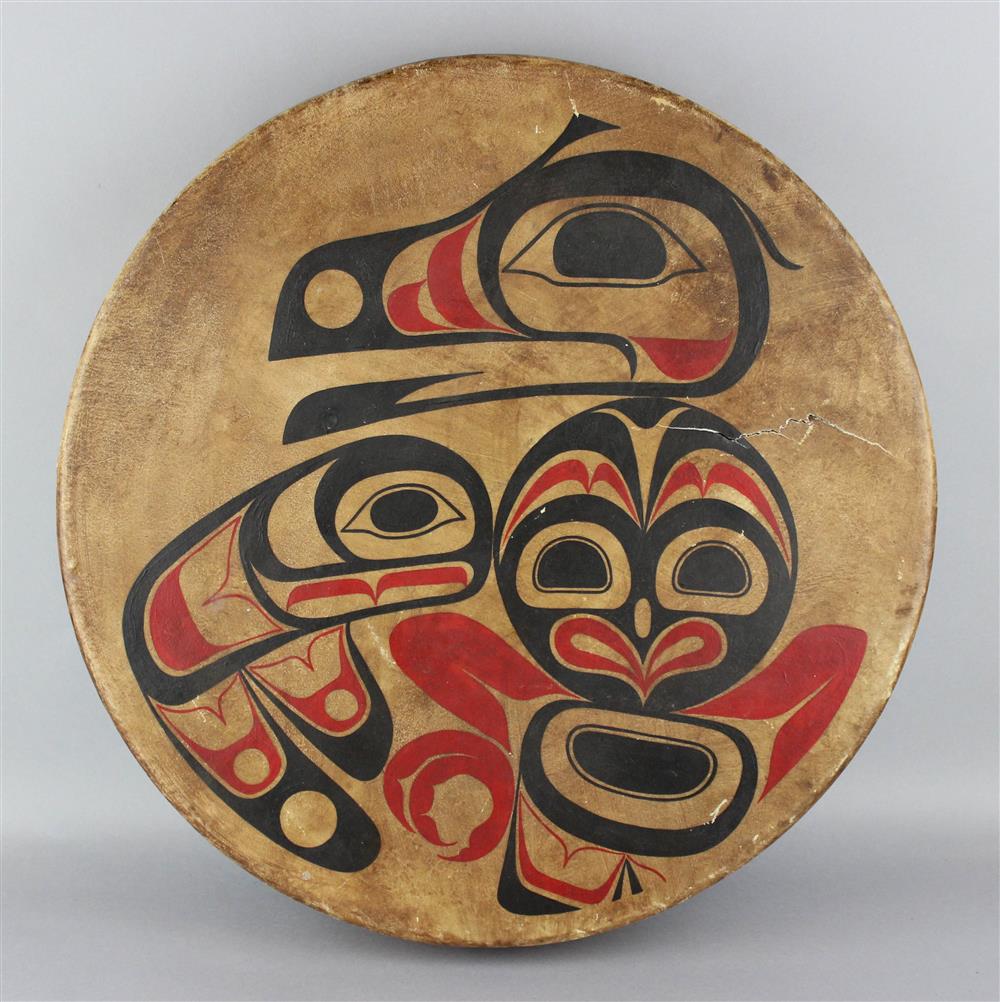 Appraisal: PACIFIC NORTHWEST COAST PAINTED WOOD AND HIDE HAND DRUM dia