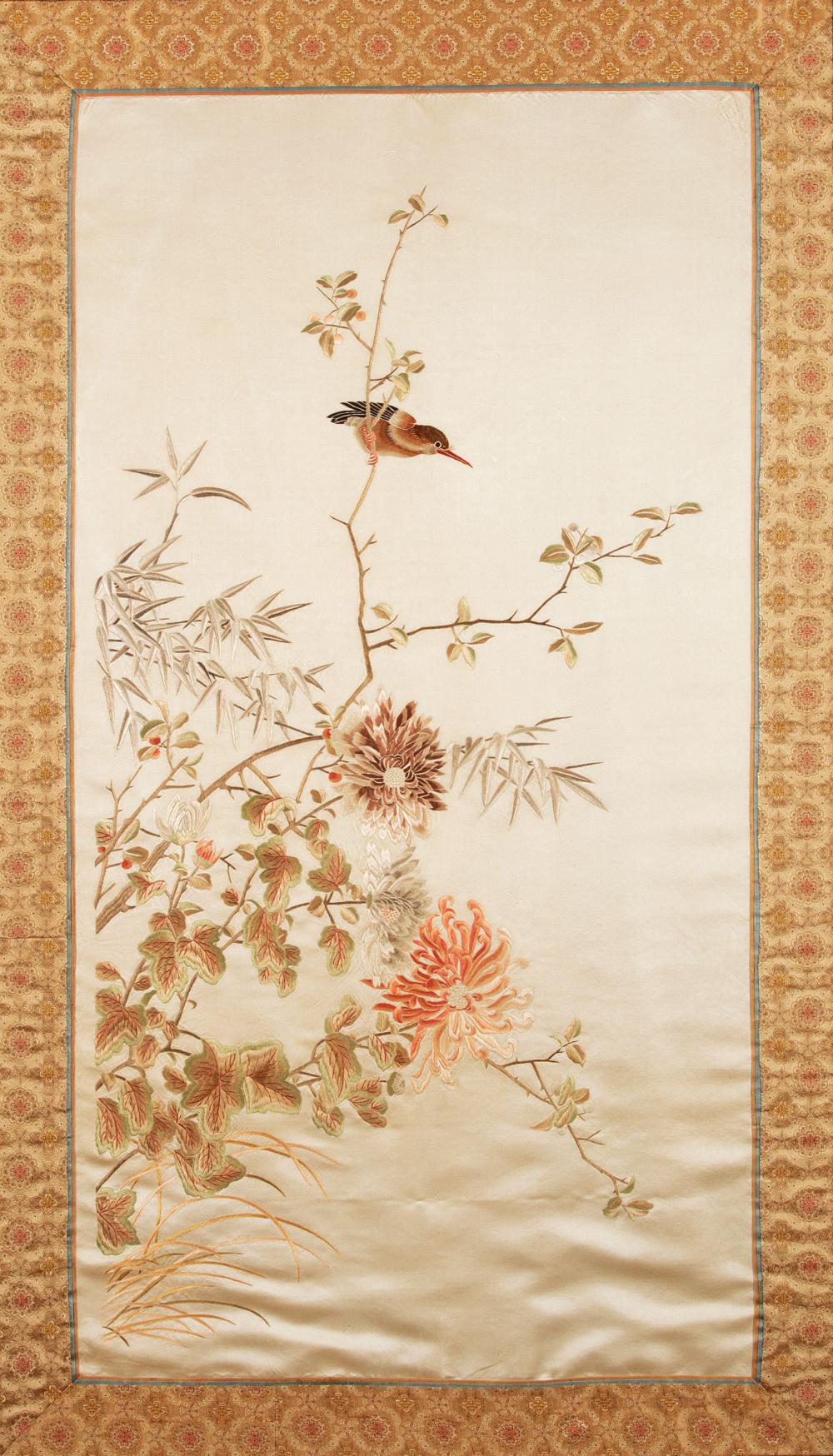 Appraisal: Chinese Embroidered Beige Silk Panel early-to-mid th c worked in