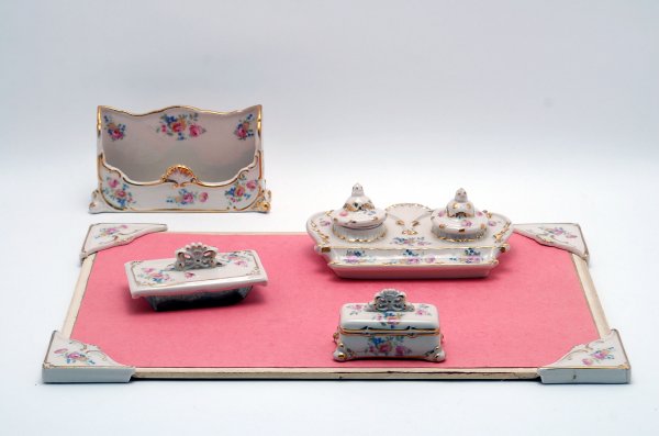 Appraisal: Five piece French porcelain desk set including by desk pad