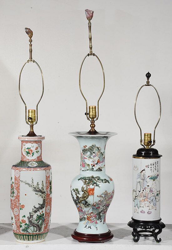 Appraisal: Three Chinese Porcelain Vases Converted to Lamps th century famille