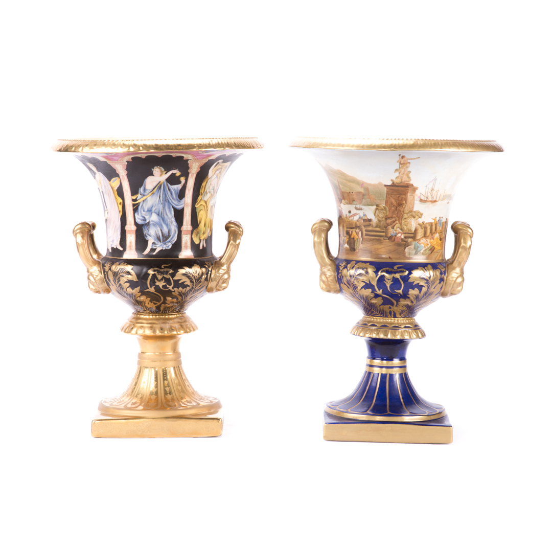 Appraisal: Two Classical style porcelain campana urns one with decoration of