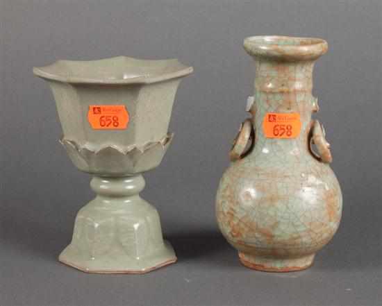 Appraisal: Chinese celadon glazed stoneware libation cup and a similar vase