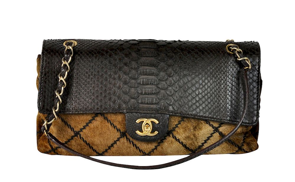 Appraisal: Python and Pony Hair CHANEL Flap Bag Chanel brown python