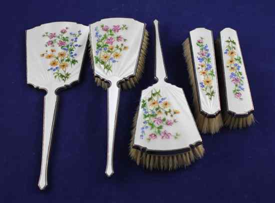 Appraisal: A 's silver and guilloche enamelled five piece brush set