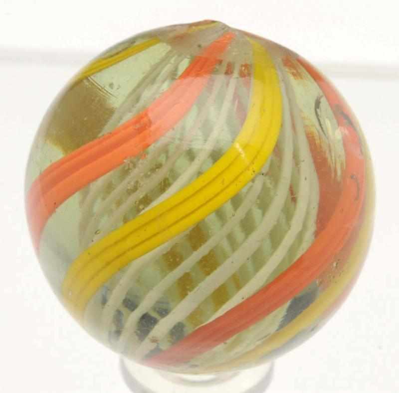 Appraisal: Large White Latticino Swirl Marble Outer decorations include alternating orange