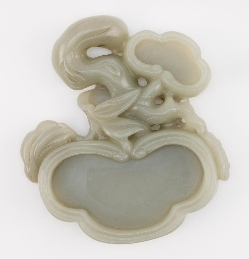 Appraisal: CHINESE CARVED CELADON JADE WRITER'S COUPE LENGTH CHINESE CARVED CELADON