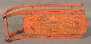 Appraisal: Antique Paint Decorated Wood Child's Sled Running Horse decoration on