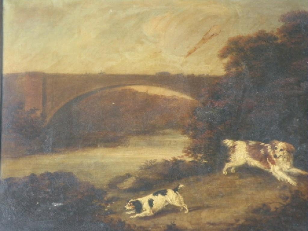 Appraisal: Early thC School Spaniels with a river landscape oil on