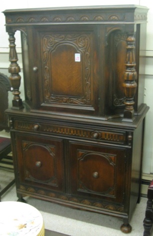 Appraisal: DARK OAK CHINA CABINET old English James I court cupboard